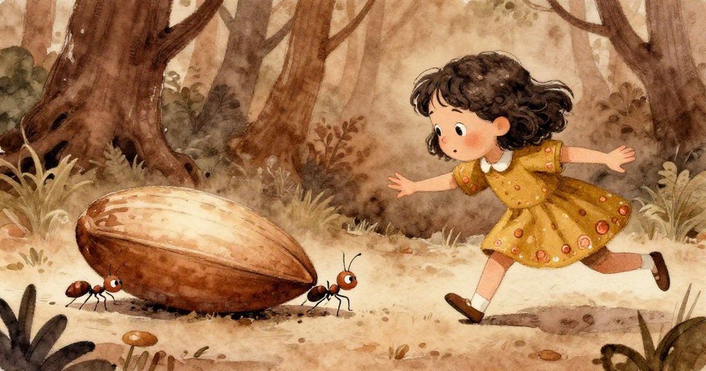 Lena 迅速伸手攔截滾動種子，小螞蟻緊隨，種子動感逃逸，場面充滿緊張與活力。