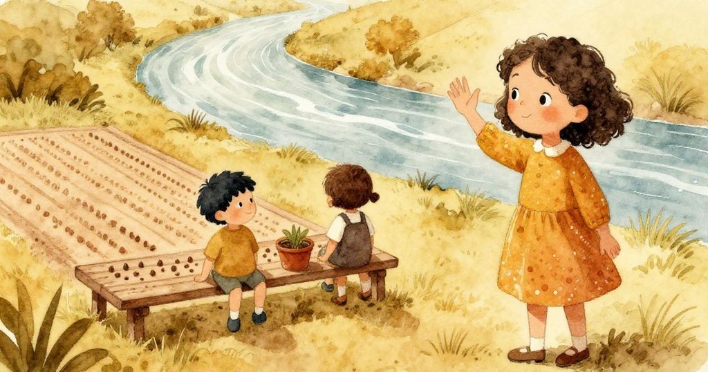 Lena 在戶外長椅前與兩名孩童互動，整齊種子行列呈現成果，溫柔揮手告別，氛圍平和滿足。