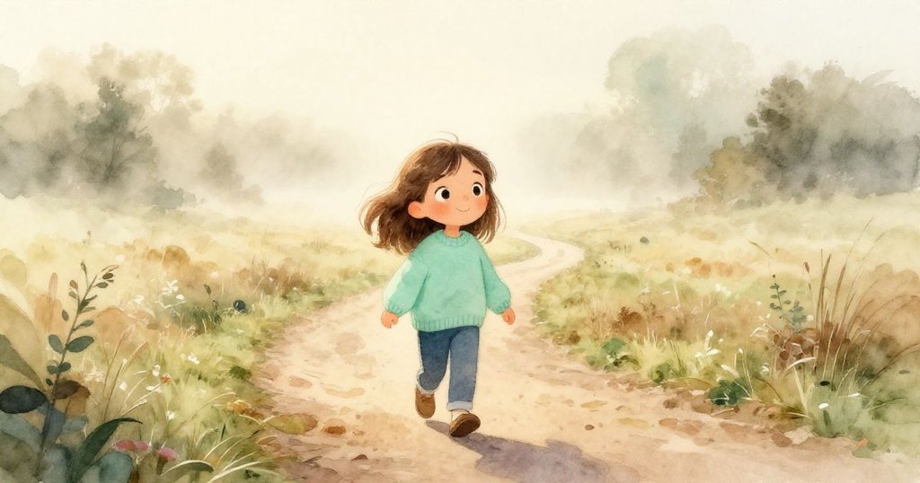 Lena在晨霧籠罩的小徑上前行，臉上洋溢著期待與好奇，柔和晨光灑滿大地，展現故事開端的溫暖情境