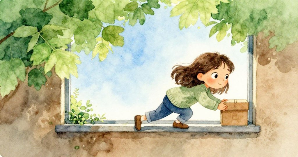 Lena發現低窗後用矮盒子攀登，目光專注充滿好奇，腳步穩健展現探索精神，背景自然和溫馨