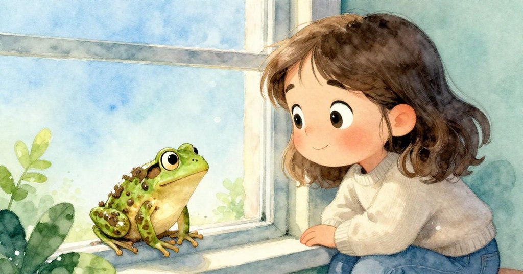 Lena靠近窗戶，專注凝視窗外小青蛙，驚喜表情清晰可見，背景呈現泥土與青翠景致，故事逐漸展開