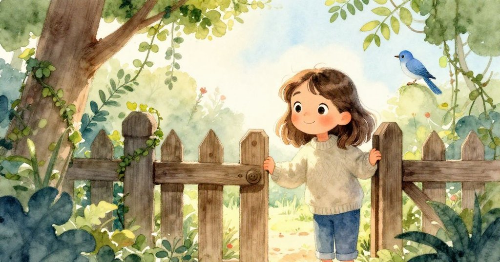 Lena靠在老木門前，透過縫隙觀察充滿綠意的秘密花園，臉上既神秘又期待，藍鳥與晨光交織出奇幻氛圍