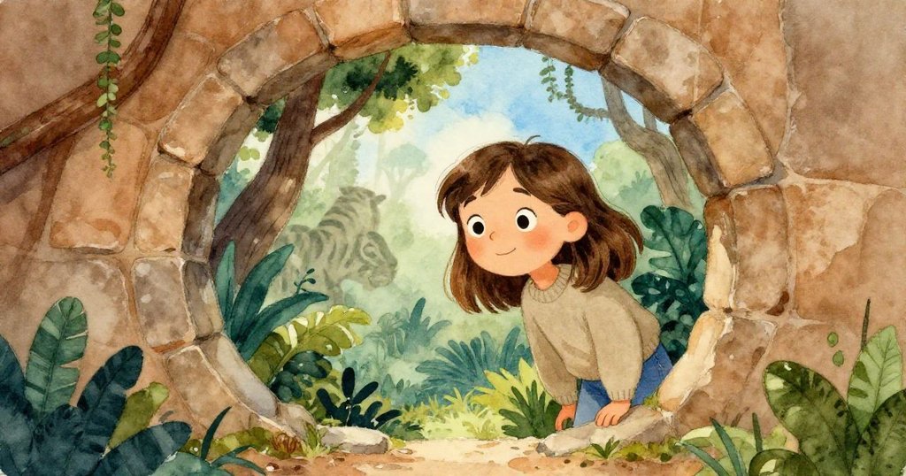 Lena在石拱門前彎腰窺探遠方叢林，臉上流露出掙扎與決定，背景暗池和虎影為冒險增添神秘感