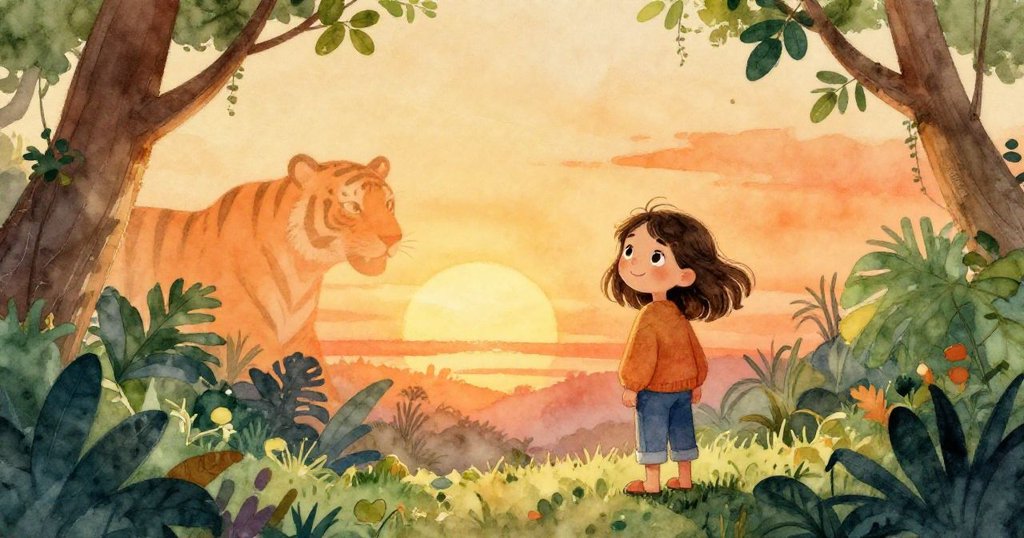 Lena在落日餘暉中站在叢林邊沿，眼中滿是回憶與期待，溫暖夕陽與虎影隱約交織出動人的結局氛圍