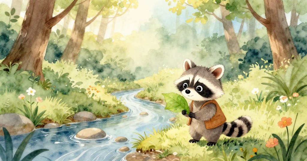 年輕浣熊Ricky在陽光明媚的森林溪邊，手持大綠葉好奇欣賞環境，溪水中映出柔和白雲與花香，充滿期待與喜悅。