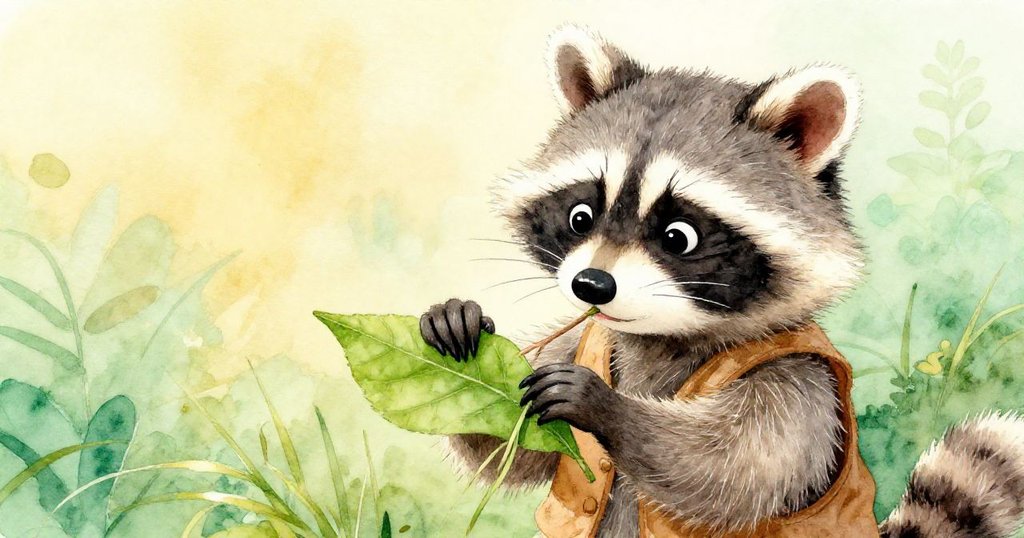 年輕浣熊Ricky專注地折疊大葉，用細枝與細草製作小筏，手法靈巧展現創意，背景呈現柔和的自然光線與生動質感。