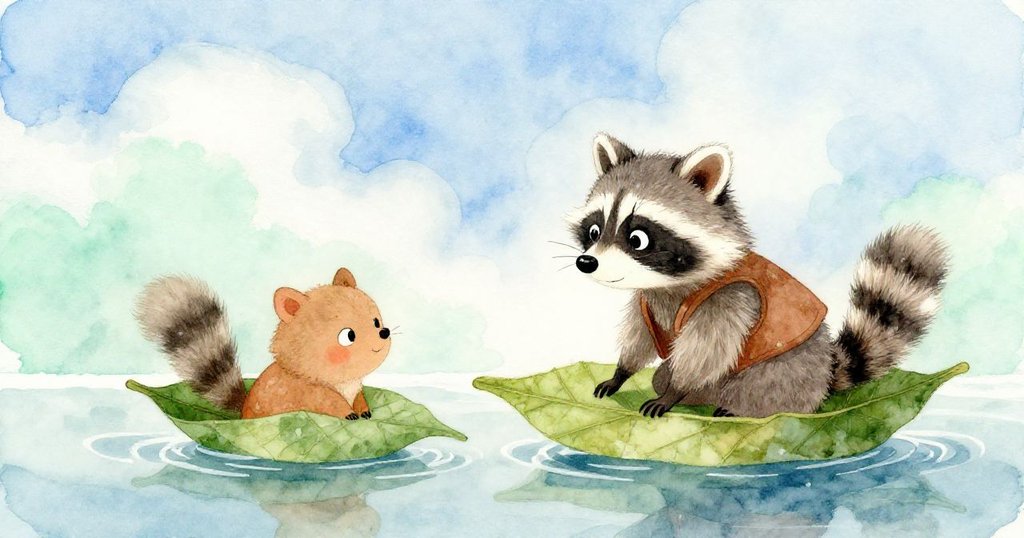 年輕浣熊Ricky凝視著自己製作的葉筏漂浮於如窗般的水面，水中映出柔和藍天與飄動白雲，展現夢幻般的自然美景。