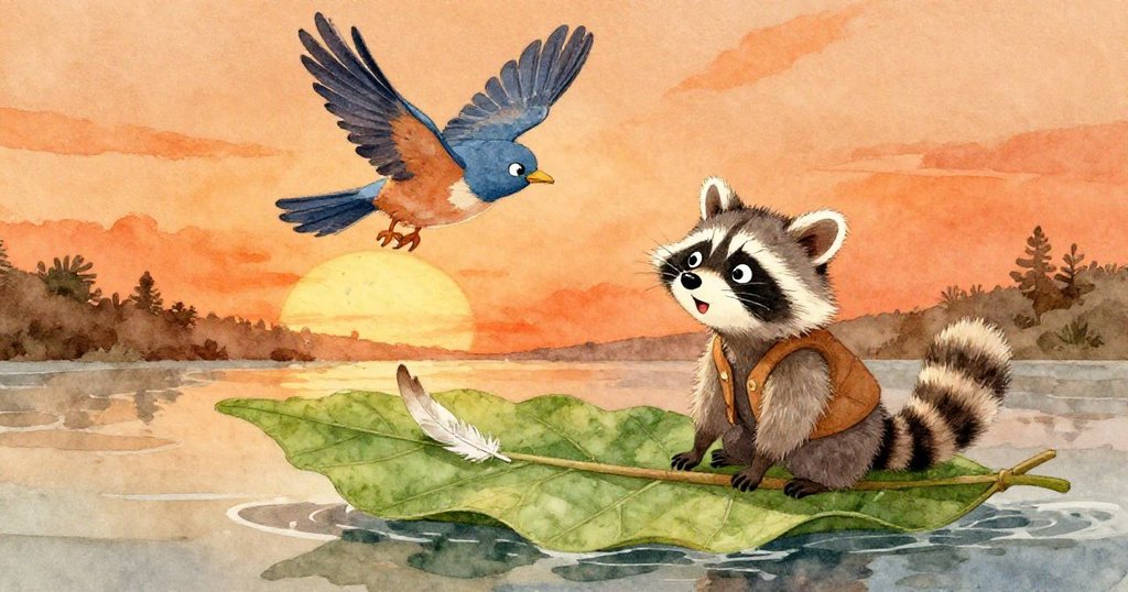 年輕浣熊Ricky於夕陽餘暉中觀看葉筏漂向岸邊，明亮鳥兒掠過掉落一片羽毛，場景洋溢著溫暖與驚喜。