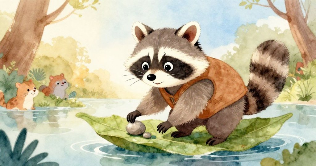 年輕浣熊Ricky滿懷喜悅舉起小石子放進葉筏中，周遭小動物默默慶祝，共同見證這充滿創意與溫馨的美好時刻。