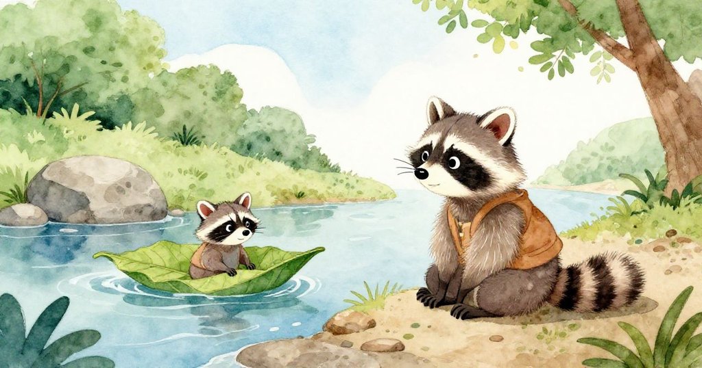 年輕浣熊Ricky坐在溪邊，靜靜觀察漂浮在石旁的葉筏，創作後心滿意足，環境寧靜且充滿大自然的柔和氣息。