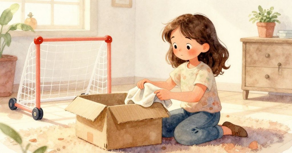 Lina的手專注地折疊柔軟布料，細膩地遮蓋紙箱邊緣，環境充滿溫柔與細節