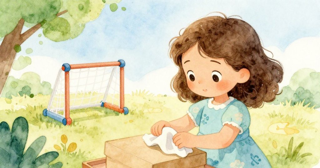 從後方視角看到Lina正專注地整理布料，紙箱床邊邊緣細緻，背景中玩具球門增添趣味