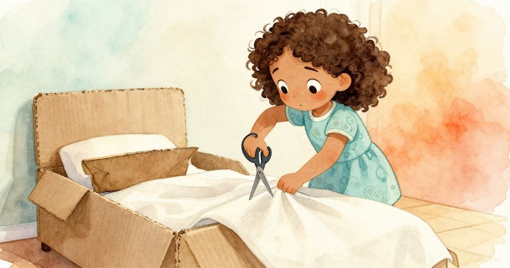 Lina專注地用剪刀修剪過寬布料，臉上流露出困難與堅持，紙箱床細節豐富，室內充滿溫暖光線