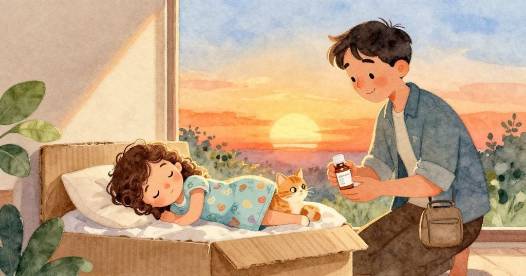 黃昏時光，Lina滿足地看著貓咪在紙箱床上安睡，Ben從戶外攜帶藥品入內，整個房間充滿寧靜與溫暖