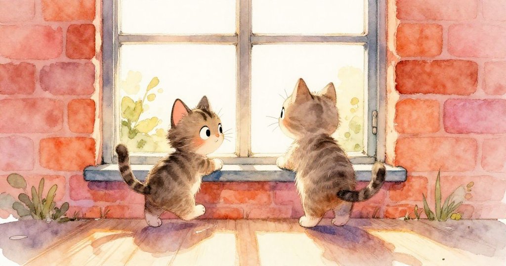 貓咪充滿好奇心向低窗走去，牆面磚砌且陽光明媚，溫暖家園氛圍中透露出探險期待。