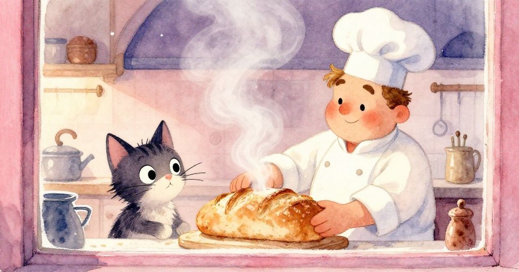 廚師皮埃爾在溫馨廚房內轉動麵包，透過微霧玻璃，蒸氣瀰漫，貓咪靜靜觀察，充滿家庭溫暖。