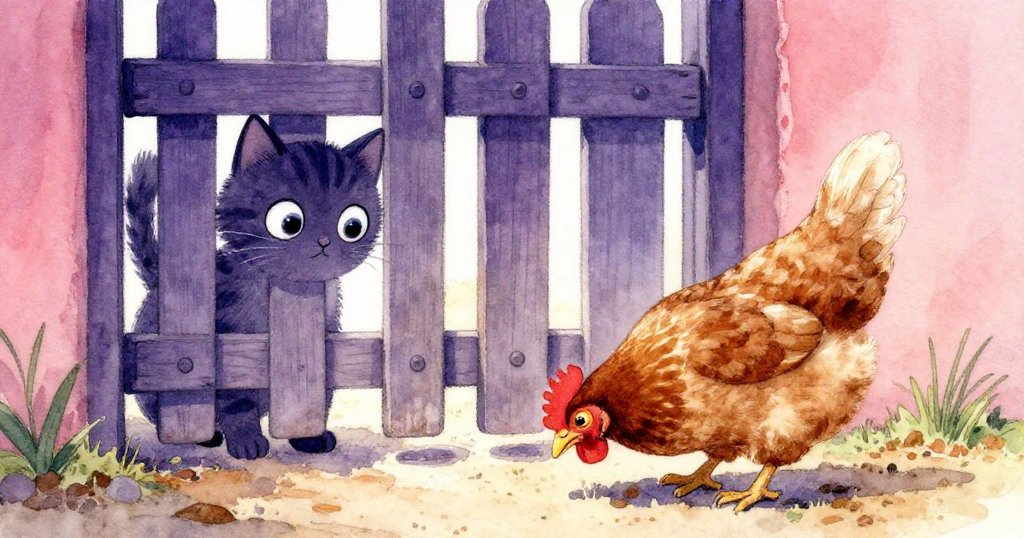 貓咪好奇地從木柵欄間探頭望外，看到棕色小母雞安靜刨土，溫柔光線中展現細膩木紋質感。