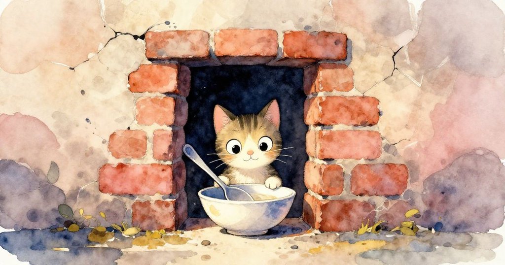 貓咪悄悄靠近磚牆裂縫，專注凝視著傾斜擱置在碗上的大湯匙，神情中透著探險與好奇。