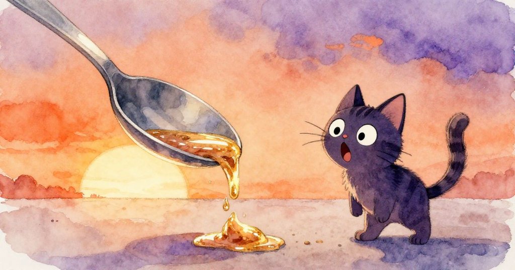 湯匙突然翻倒，明亮湯汁四散落下，貓咪驚訝地眨眼，動感場面中充滿家居溫暖與驚奇。