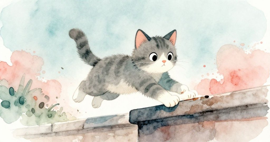 Milo從低角度躍上窗台，用雙爪推動厚重書本，動感十足，展現出專注與勇敢的姿態。