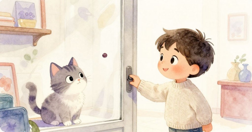 Sam在店內輕抬頭，溫柔推開玻璃門，注視著逐漸掉落的書本，充滿好奇與溫馨情感。