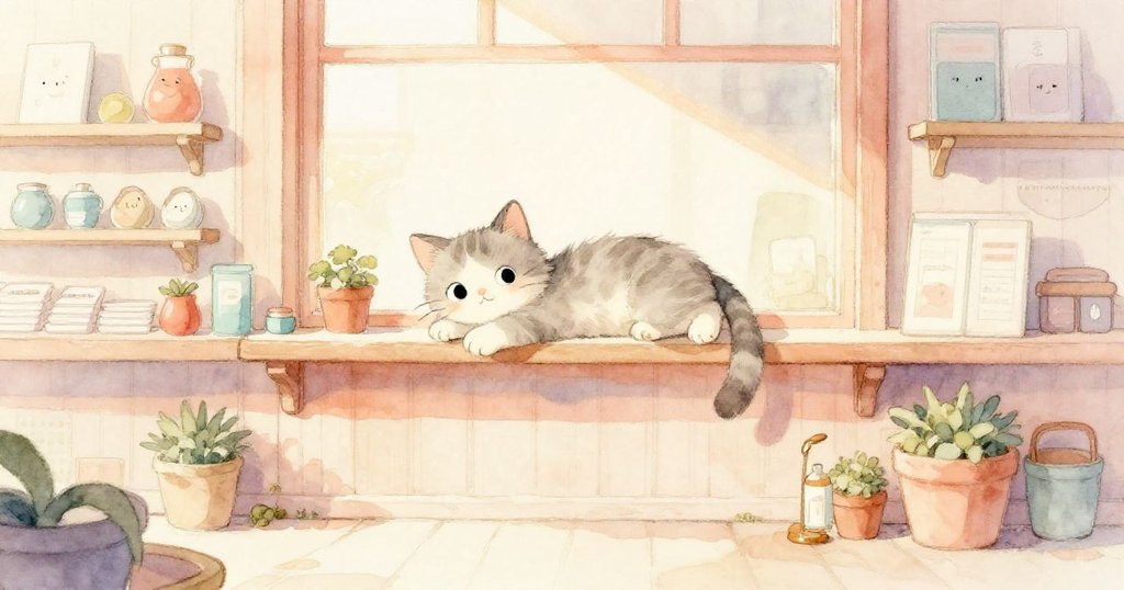 在溫暖晨光中，Milo悠然伸展於櫥架上，空間充滿柔和光線，展現故事最終的寧靜與平和。
