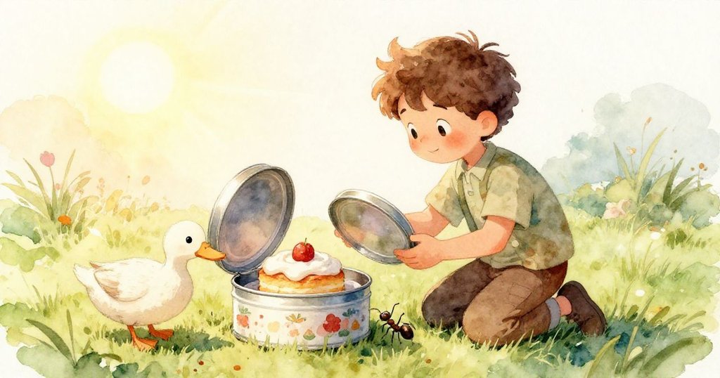 Leo的雙手輕輕舉起鐵盒,展現盒內美味蛋糕,細膩呈現自然環境和真摯手勢