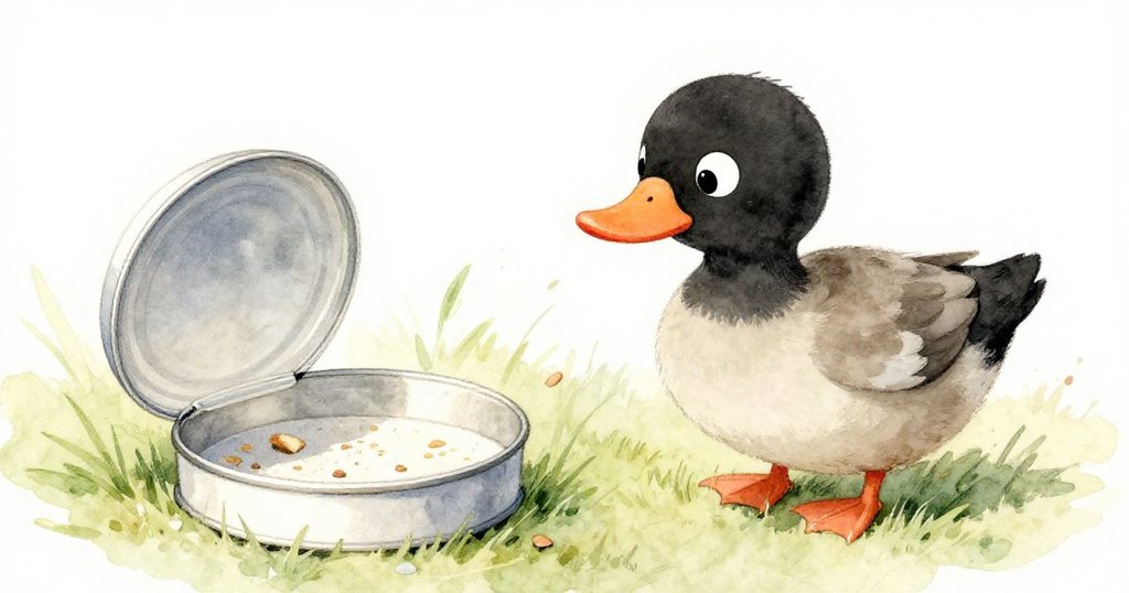 從鴨子的視角觀察,鐵盒內散落著餅屑,Leo的手推草吸引牠,場景生動富有互動