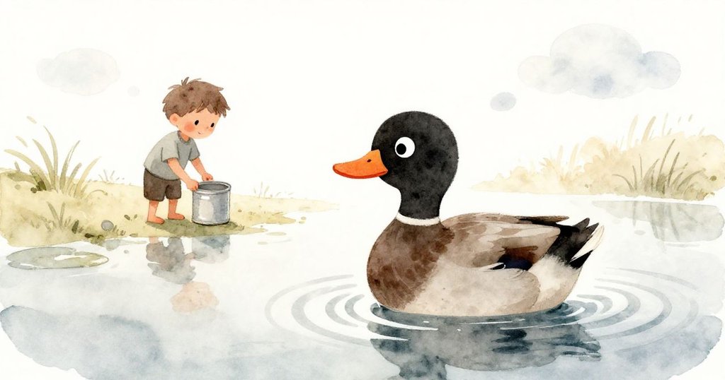 一天稍晚時分,太陽低垂,鴨子在池塘製造水紋,Leo靜靜移動鐵盒,天空柔和變換