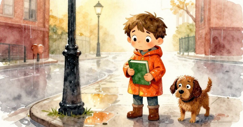 山姆在雨中站在濕潤的城市人行道上，手持厚書，狗狗在路燈旁顯得疲憊與溫暖，情感豐富。