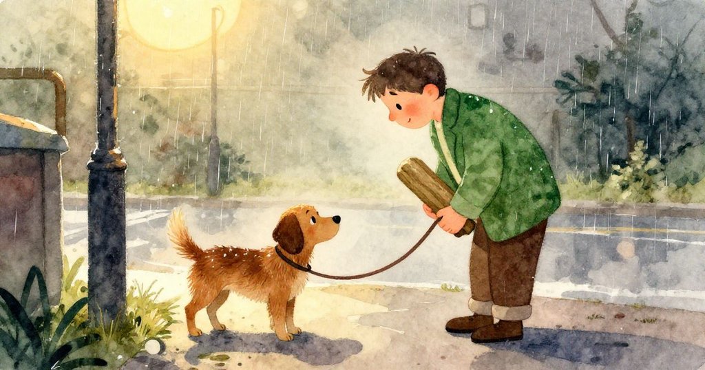 山姆彎腰拉扯纏結在路燈柱上的狗繩，手上閃爍著雨珠，充滿專注與努力的情感展現。