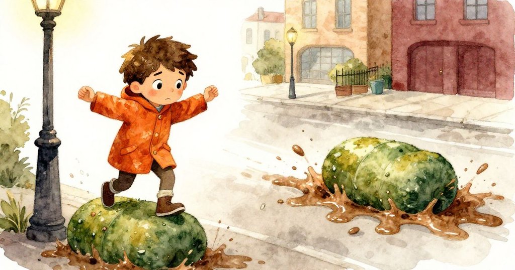 山姆一邊不經意踩上厚書，一邊驚慌揮動手臂，書在泥濘中滑動，展現動感與突發情節。