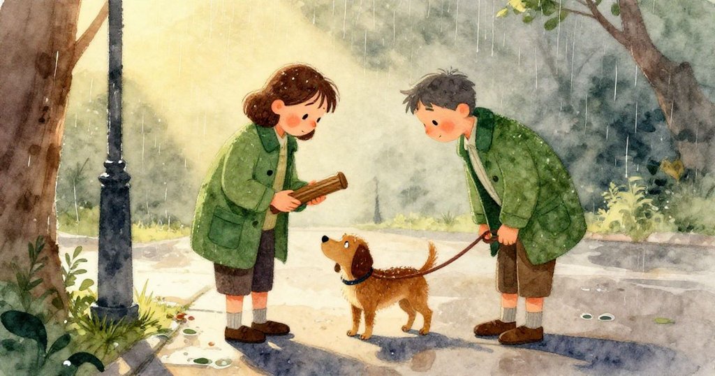 在路燈底下安靜的隱秘角落，泥濘之書與纏結狗繩靜靜存在，反射著雨水細膩紋理，神秘而溫暖。