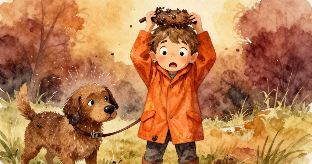 山姆驚訝中帶著決心拾起泥濘之書，狗狗從鬆脫繩索後猛搖雨水，轉折時刻充滿情感表現。