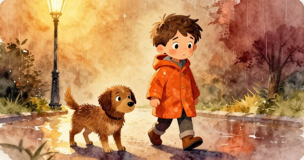 雨後晴空下，山姆與狗狗並肩走過濕潤街道，留下路燈與過往困境，溫馨聯繫展現情感終章。