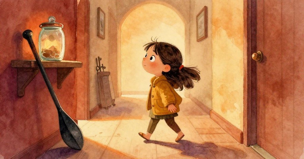 Lina在寒冷走廊中走向貨架，畫面中有玻璃罐和木棍，晨光映照著她充滿好奇與決心的眼神。