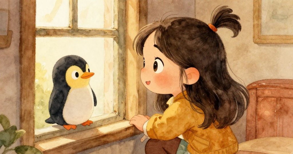 Lina在窗邊仔細觀察一隻毛絨企鵝，眼神充滿好奇與驚喜，室內光線柔和溫暖，充滿故事感。