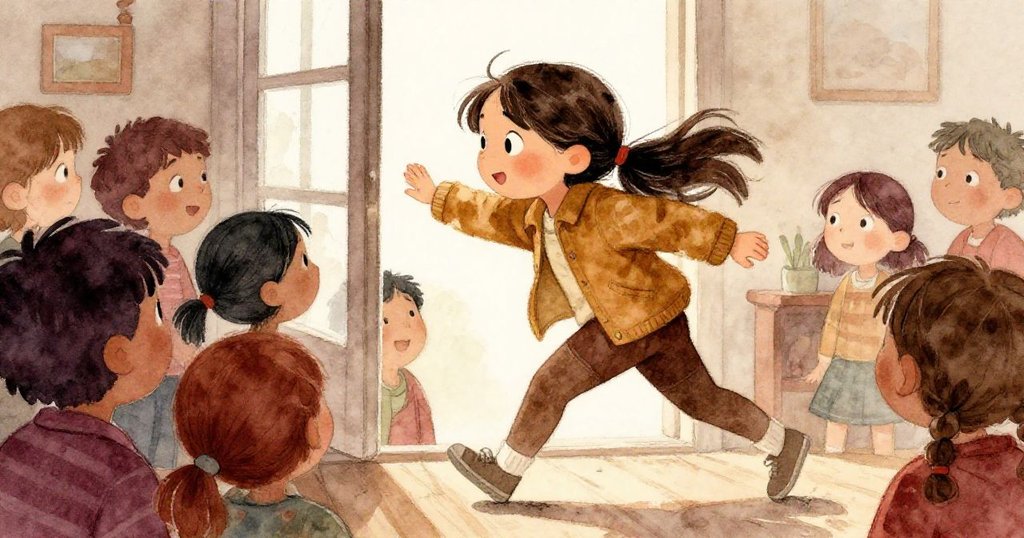 Lina從低角度展現決心，避開窗邊的學生群，動態遷移中充滿堅毅與溫暖室內光影。