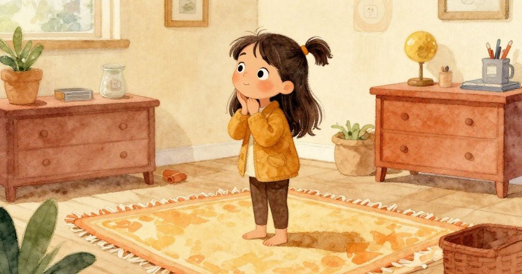 Lina走進另一間房間，站在地墊上回望，臉上帶著釋然與思索，溫暖燈光營造柔和空間。