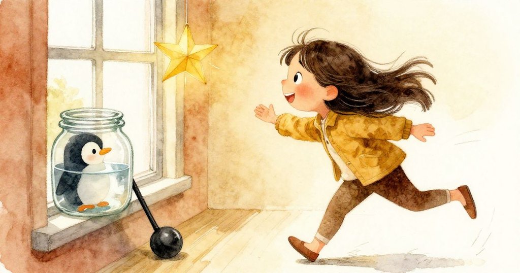 Lina緩步回窗邊伸手取掛著的紙星，旁邊企鵝靜靜陪伴，玻璃罐注滿水，木棍依偎，畫面洋溢溫暖動感。