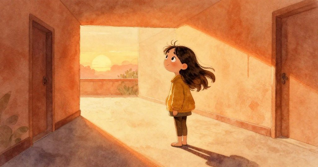 Lina回到起點，在溫暖夕陽中停步，凝望著遠方，背景中隱約可見滴水聲，呈現旅程結束的柔和神秘。