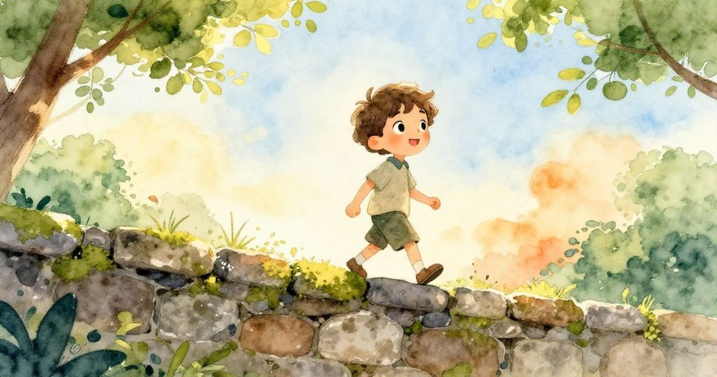 小男孩Leo在溫暖晨光中沿著長牆漫步，展現探索旅程的開始，環境充滿綠意與柔和陽光