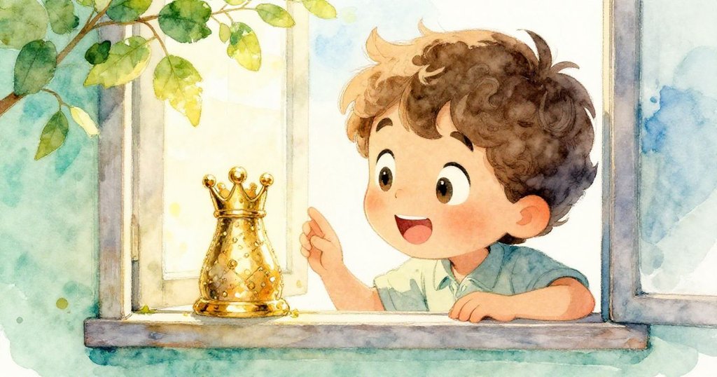 小男孩Leo近距離凝視牆上小窗，發現散發金光的玩具國王，神情充滿好奇與驚奇，背景帶有溫暖晨光