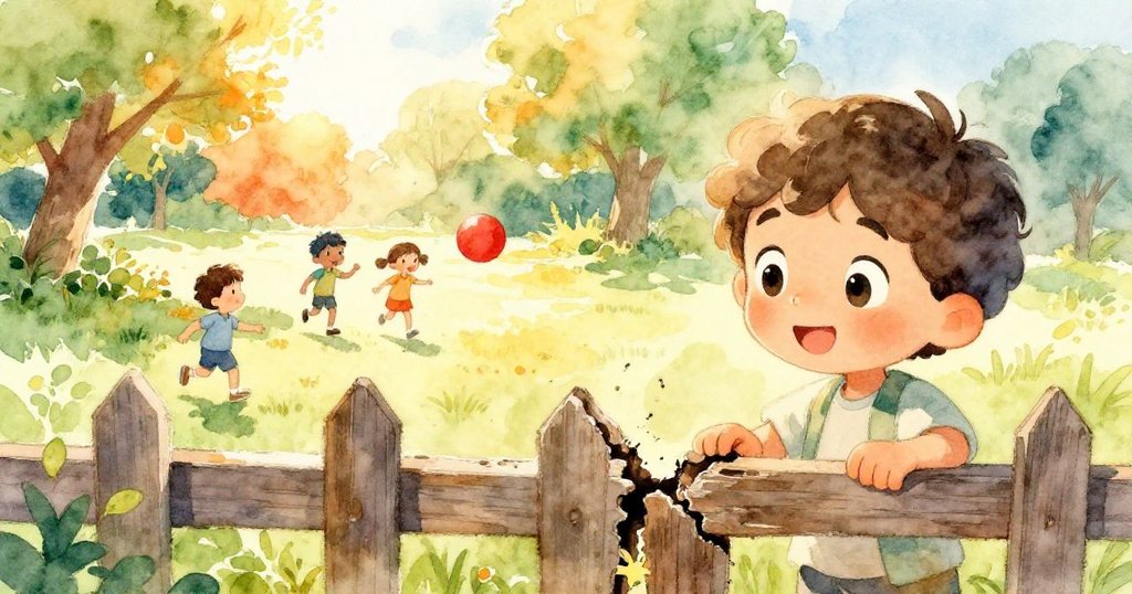 小男孩Leo在鄰近柵欄前仔細觀察細縫，畫面另一側孩子在公園踢著紅球，展現探索與遊戲情趣