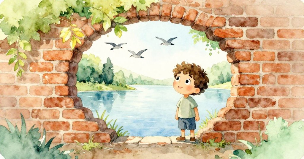 小男孩Leo站在滄桑磚牆旁，透過圓洞凝望靜謐河流，河面微光、鳥兒悠游，場景充滿詩意