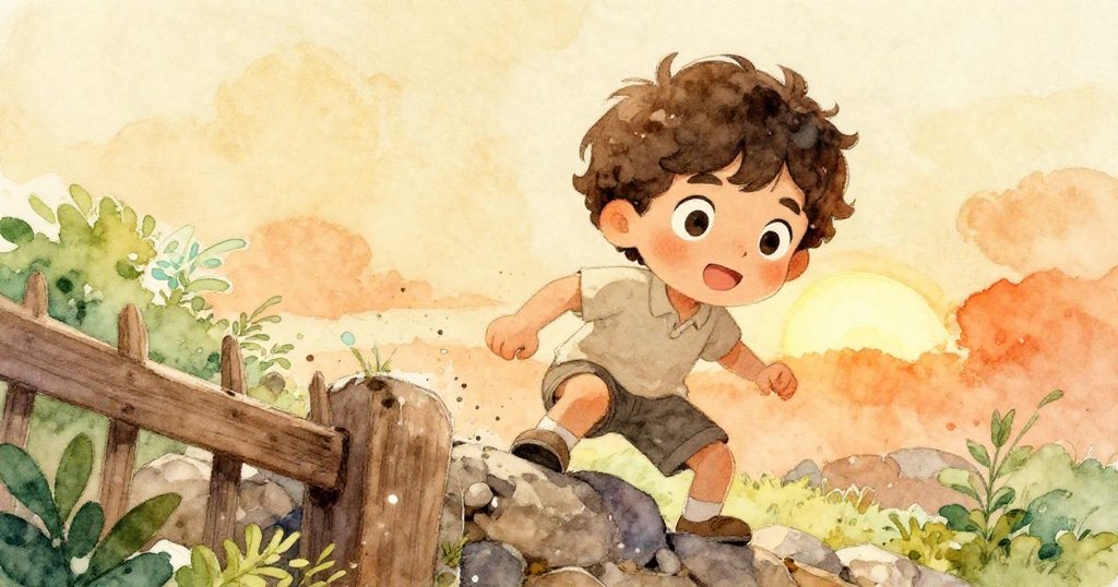 小男孩Leo努力攀爬石頭，克服柵欄高度挑戰，神情堅毅，石塊與暖光映出冒險與奮鬥的氣息