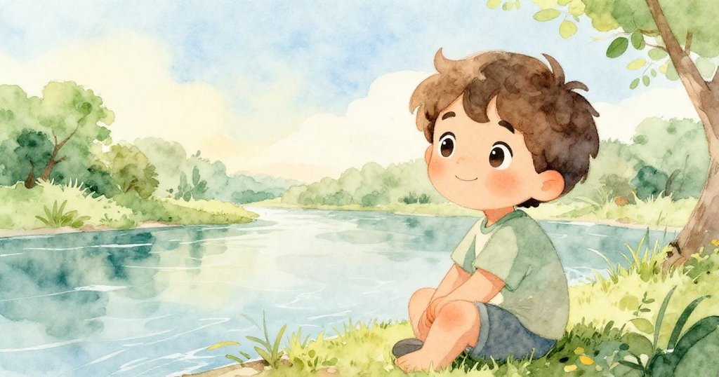 小男孩Leo坐在河岸邊靜觀水波，面帶安逸平靜，背景青草和遠處鳥鳴表現結束探險的從容