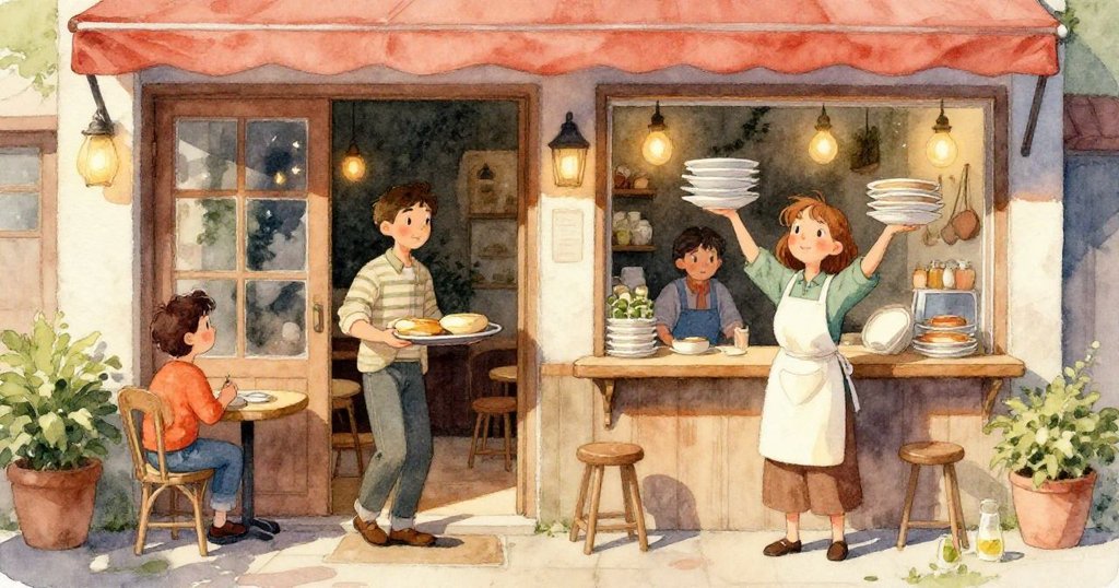 在溫暖陽光下的小餐廳從高空俯瞰，Tom端著托盤走過明亮室內，展現初晨忙碌與期待，背景乾淨現代。