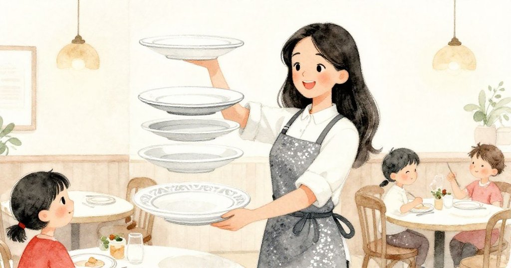 Mia在溫暖餐廳內舉起五個不同盤子，聰明圍裙在燈光下閃耀，動作充滿專注與活力，畫面細緻生動。