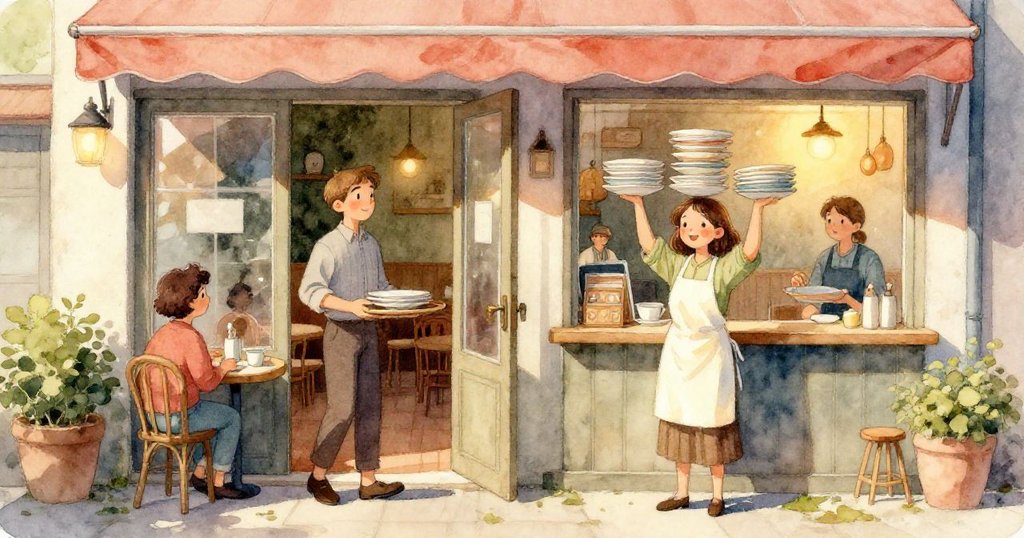 顧客坐於透明窗邊，透視光影下觀察溫馨餐廳內部忙碌情景，表情期待安靜，畫面充滿柔和陽光。